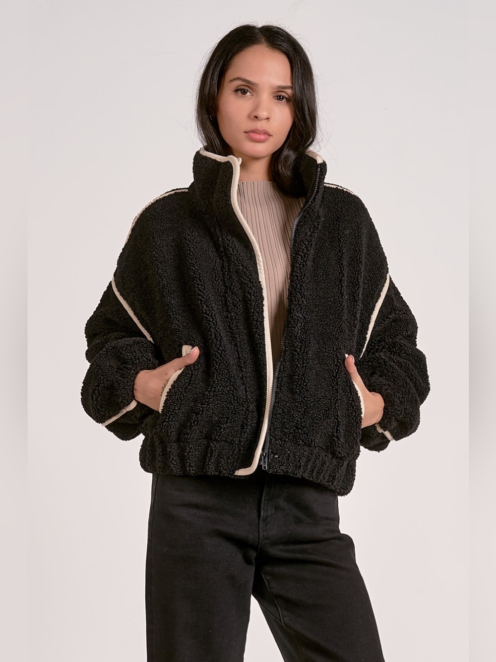 Black Sherpa Teddy Bomber Jacket Contrast Trim